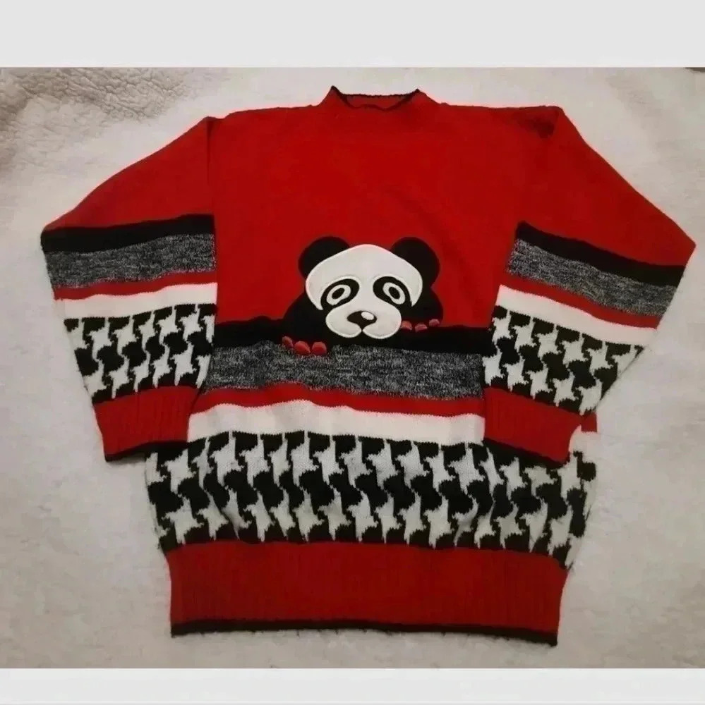 Vintage Panda Sweater USA Made Red Black Graphic Novelty Knit M